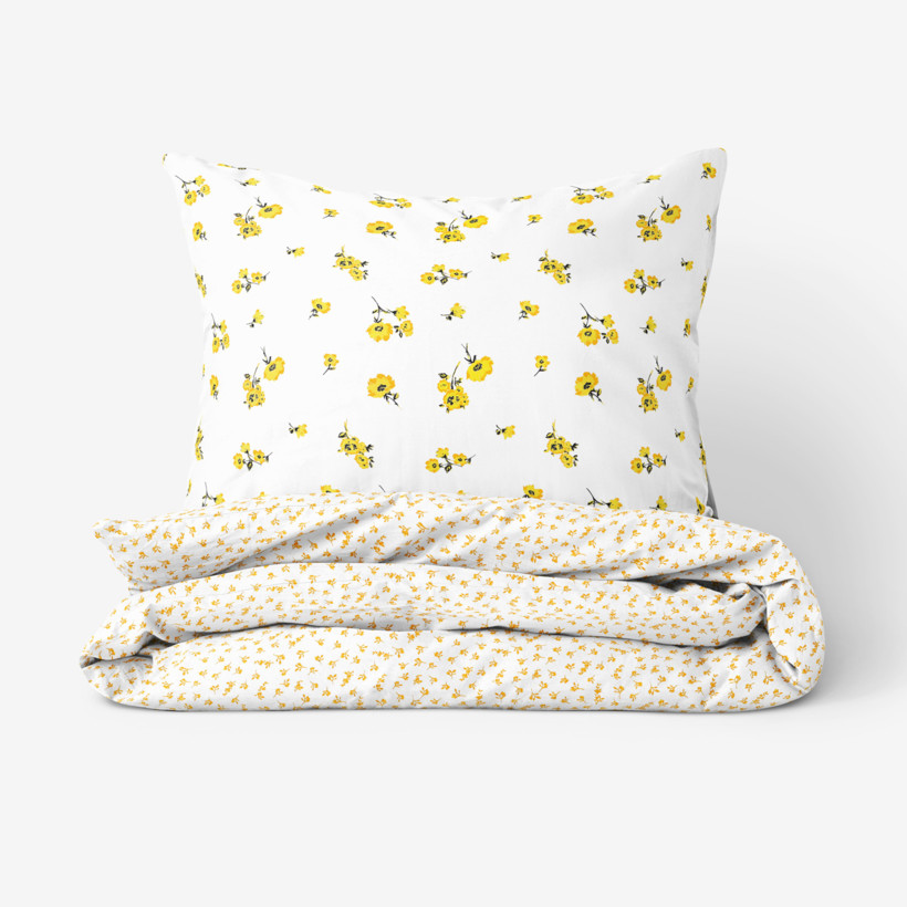 Lenjerie de pat din 100% bumbac - flori galbene și floricele pe alb