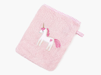 Mănușă de baie din frotir LILI - roz model unicorn