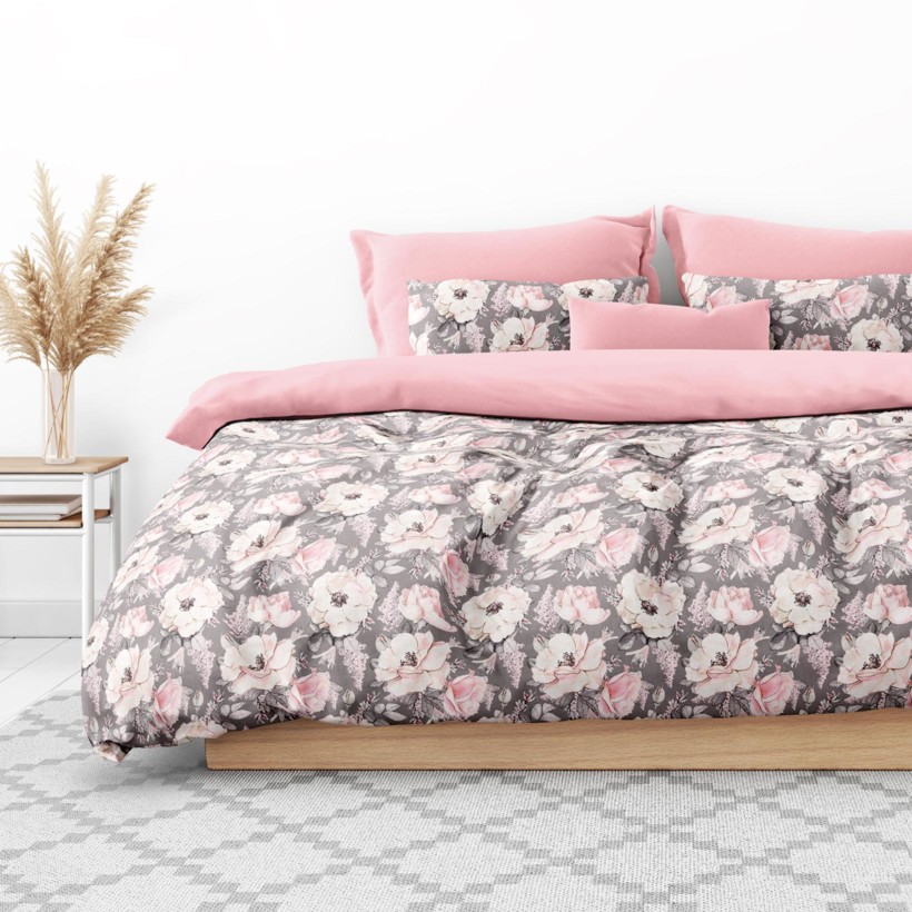 Lenjerie de pat Duo 100% bumbac - flori roz pe gri și roz pastel
