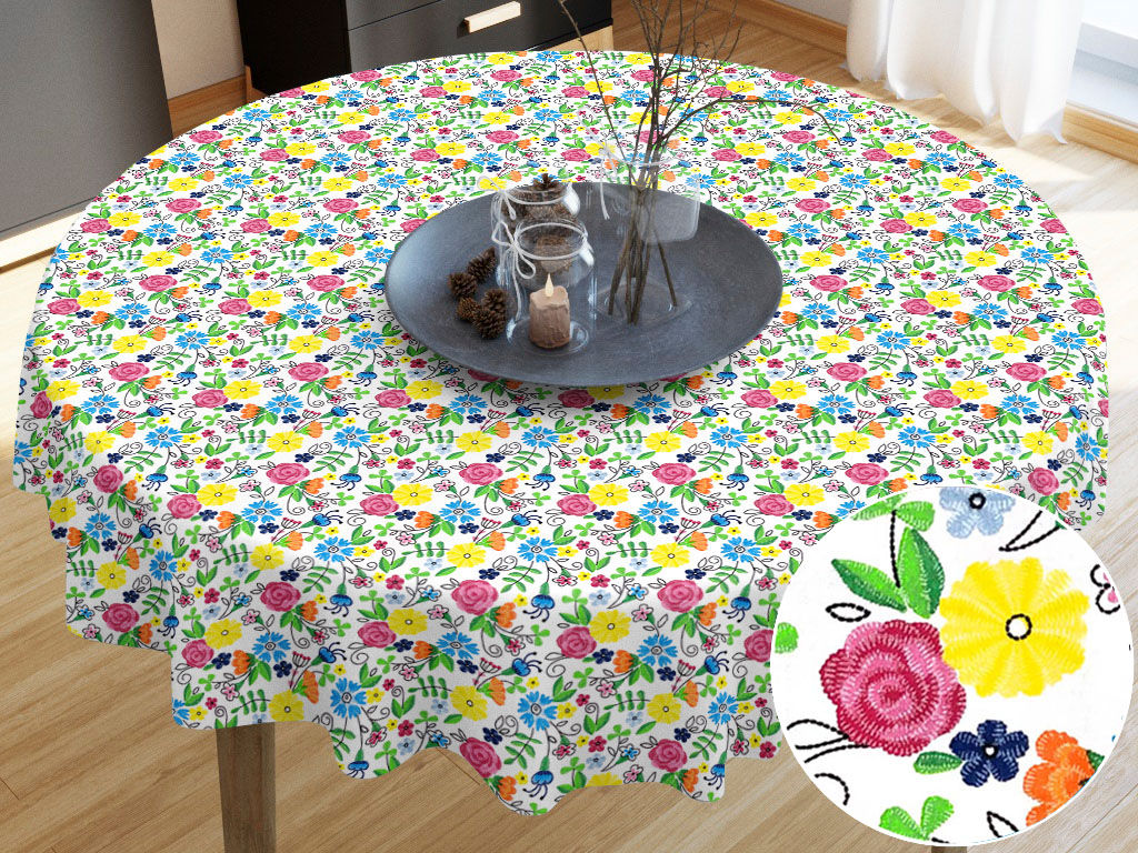 Față de masă din bumbac - model 1062 flori colorate pe alb - rotundă