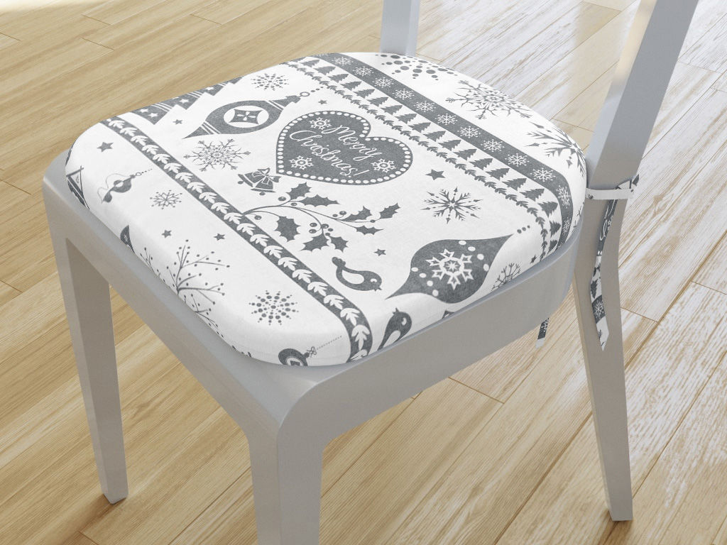 Pernă pentru scaun semirotundă din bumbac 39x37cm - simboluri de Crăciun pe alb