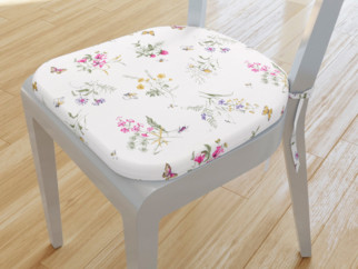 Pernă pentru scaun rotundă din bumbac 39x37cm - model 949 flori de câmp colorate pe alb