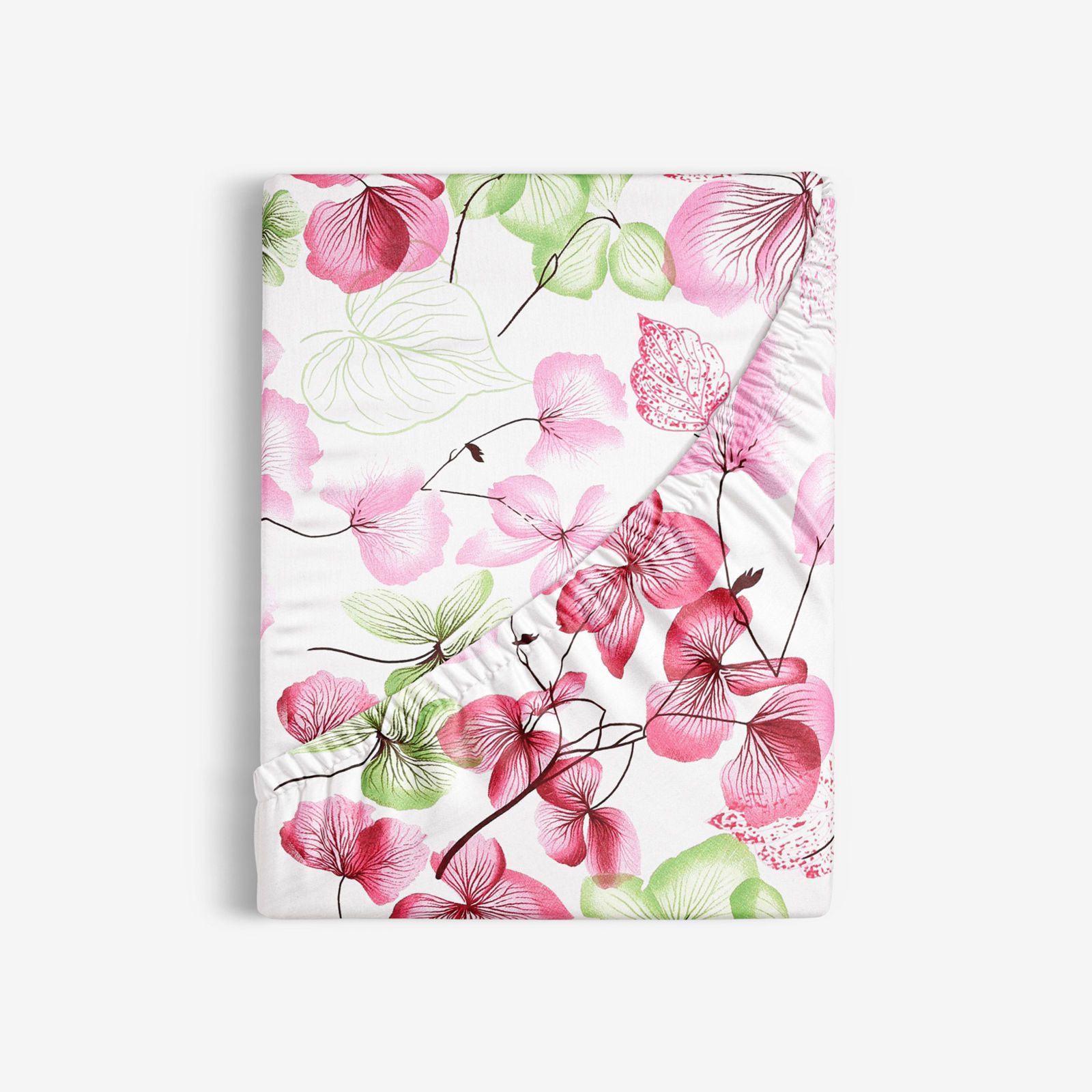 Cearceaf de pat bumbac 100%  cu elastic - flori roz-verde cu frunze