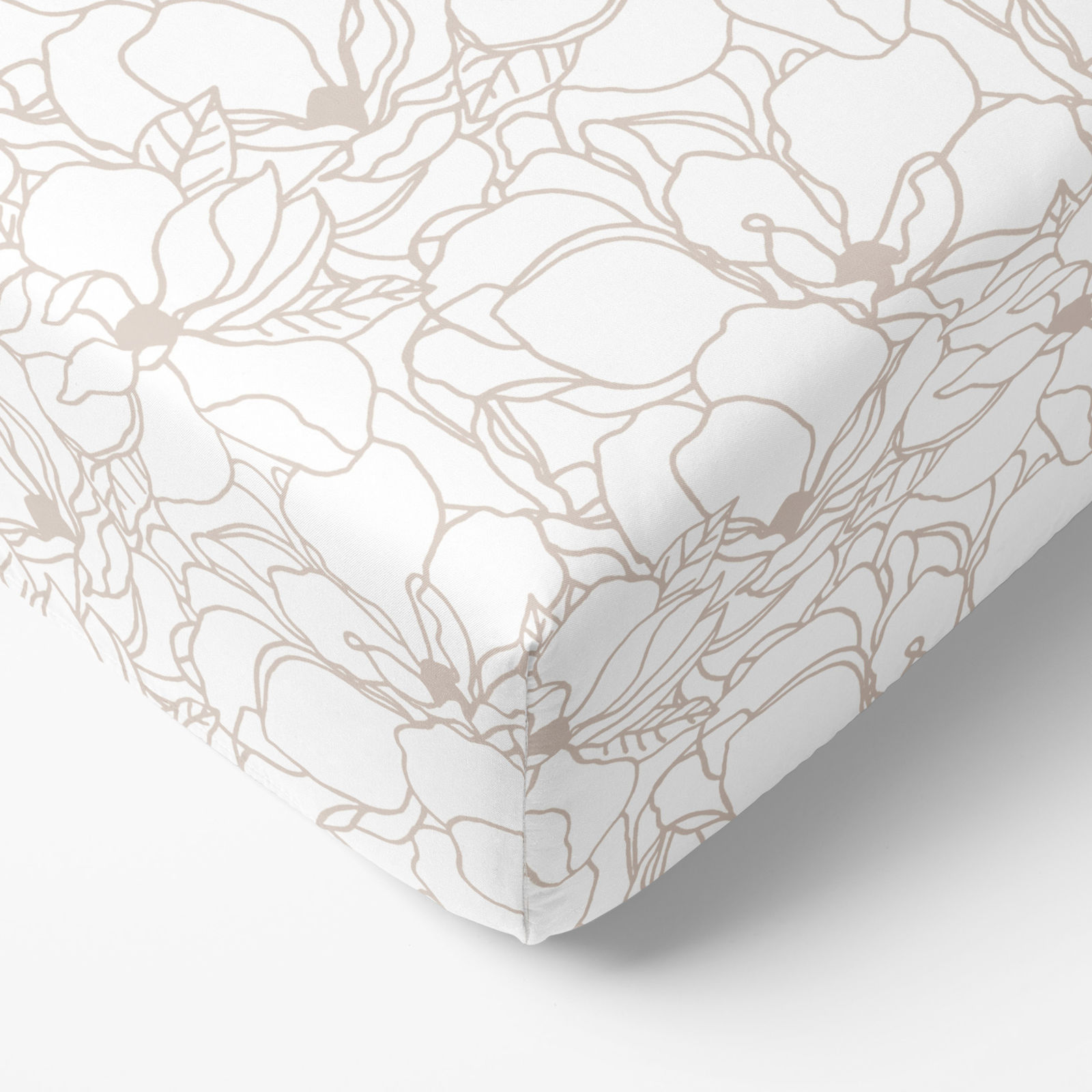 Cearceaf de pat bumbac 100% cu elastic - flori bej deschis pe alb