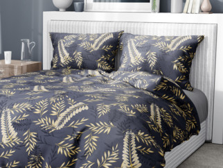 Lenjerie de pat de lux din bumbac satinat - model 1059 - frunze aurii și negre pe gri antracit