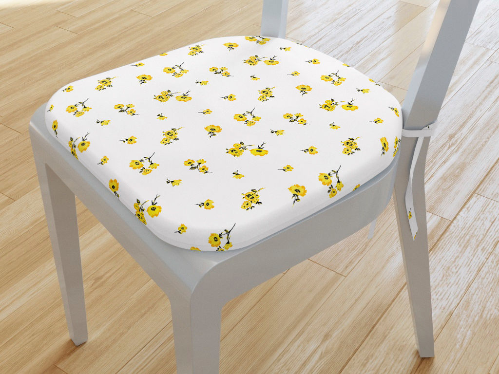 Pernă pentru scaun rotundă din bumbac 39x37cm -  flori galbene pe alb