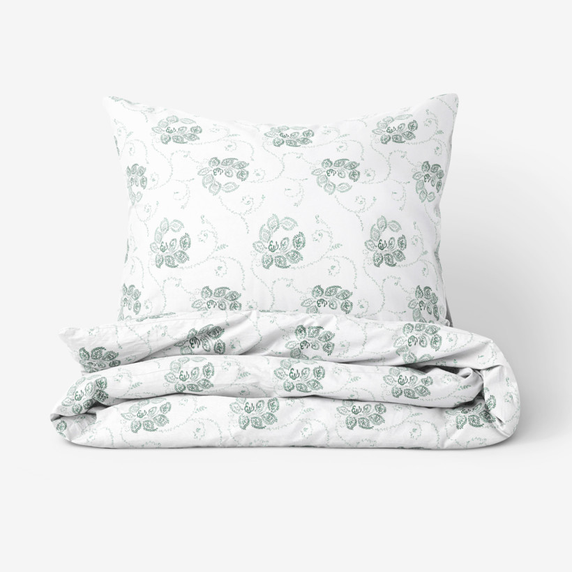Lenjerie de pat din flanel - ornamente florale verde închis pe alb