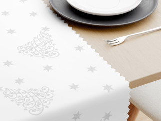 Napron de masă teflonat - model 1104 de Crăciun - brazi și steluțe argintii pe alb
