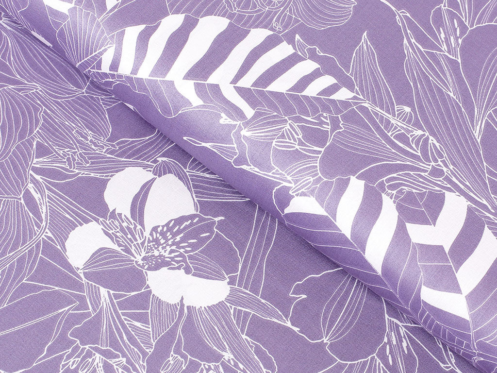 Țesătură din bumbac satinat Deluxe - frunze albe pe violet