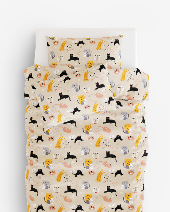 Lenjerie de pat pentru copii din 100% bumbac - pisici vesele pe culoare bej