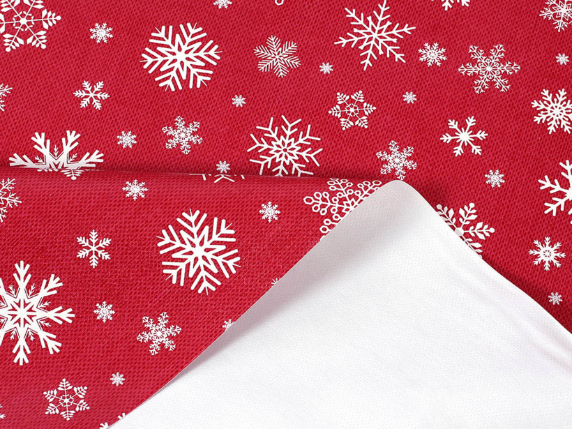 Față de masă din PVC cu textil - fulgi de zăpadă pe roșu