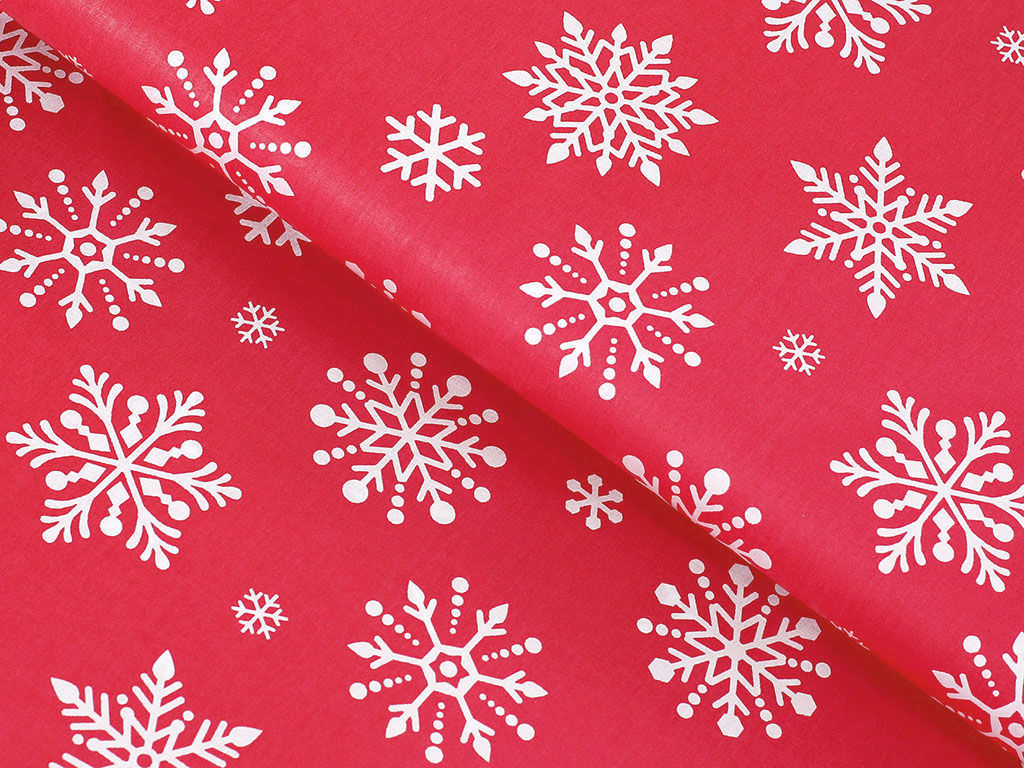 Țesătură din 100% bumbac SIMONA - model de Crăciun - fulgi de zăpadă pe roșu