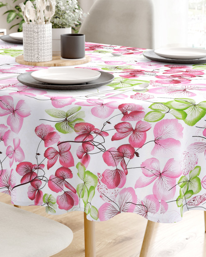 Față de masă 100% bumbac - flori roz-verde cu frunze - ovală