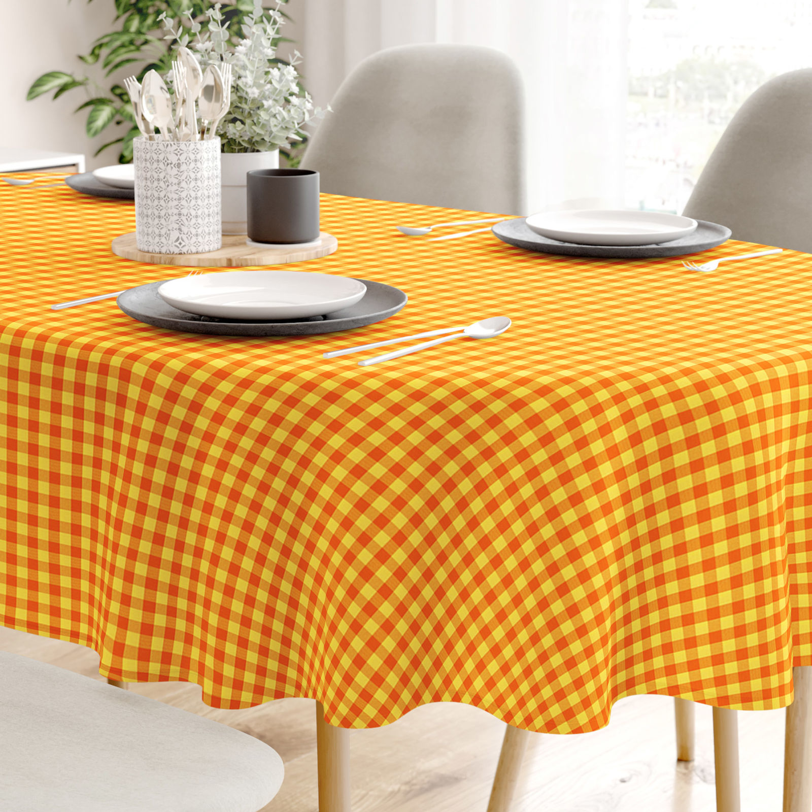 Față de masă din 100% bumbac KANAFAS - carouri mici de culoare galben-portocalie - ovală