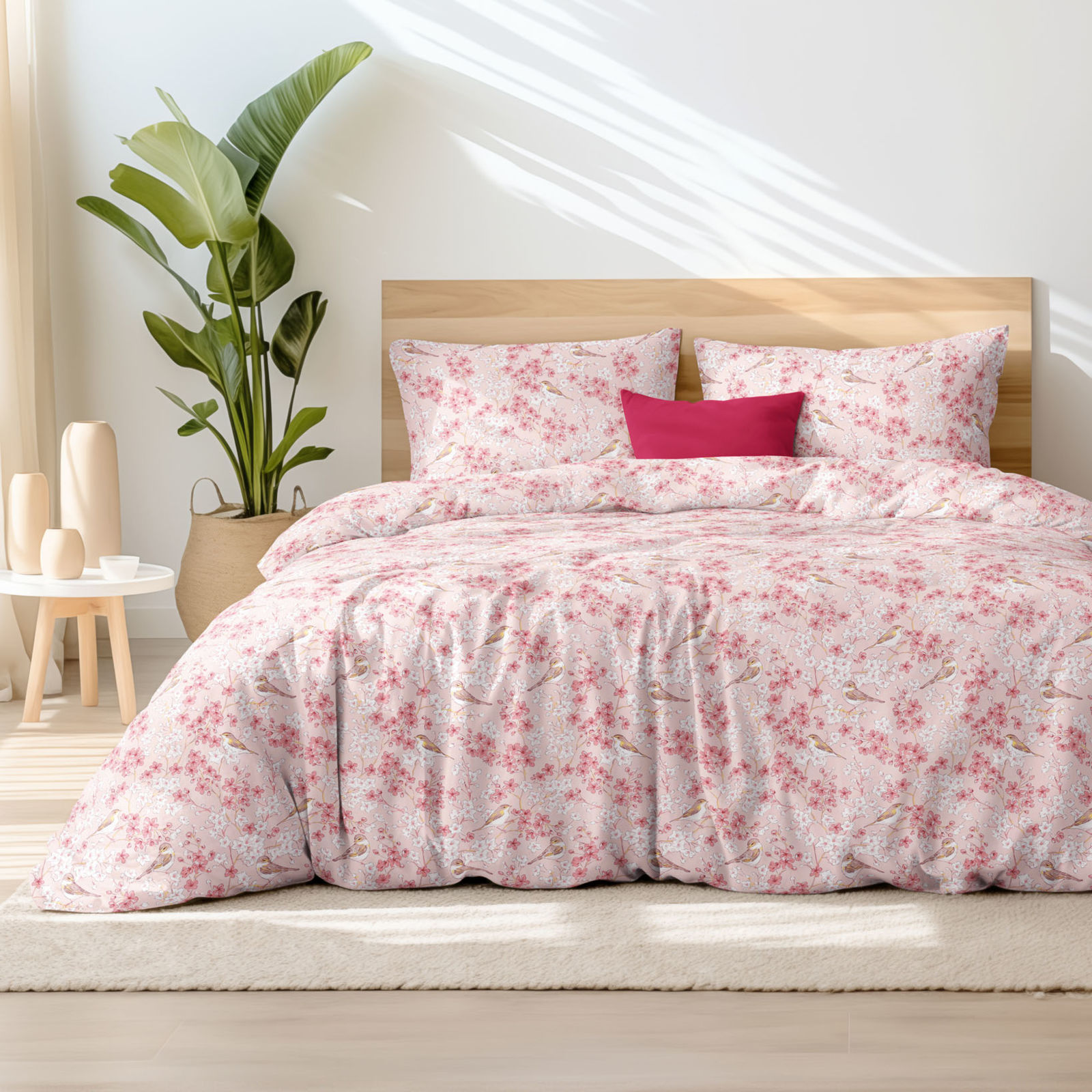 Lenjerie de pat 100% bumbac - păsări în grădină roz