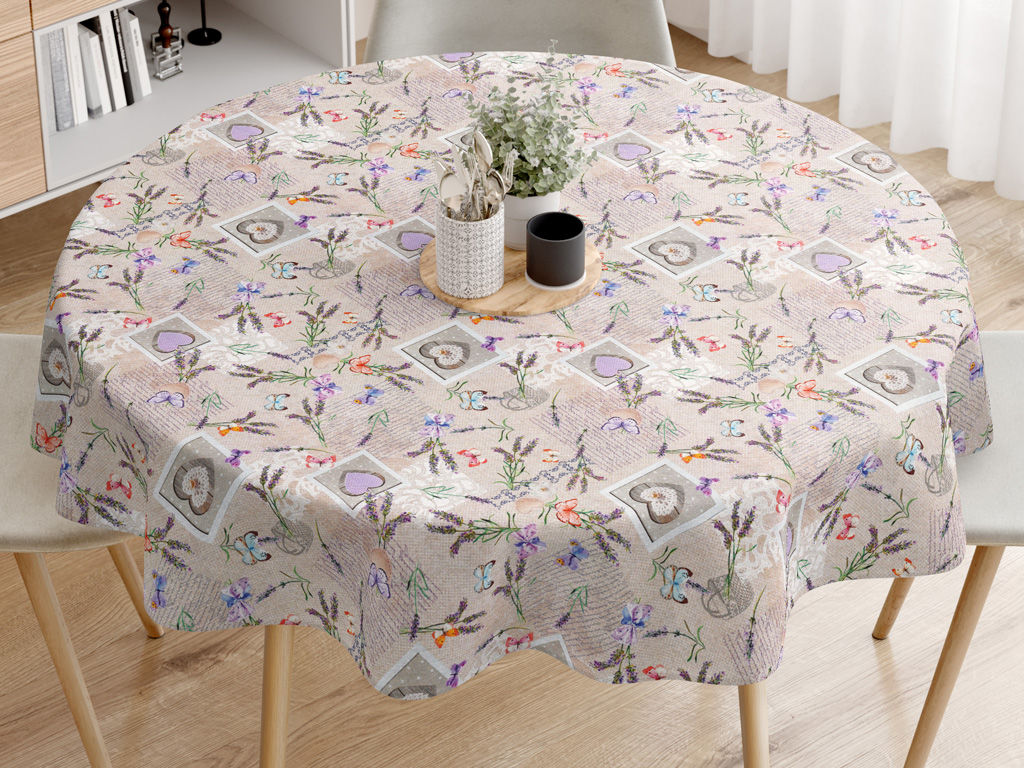 Față de masă decorativă LONETA - inimioare cu fluturi și lavandă pe bej - rotundă