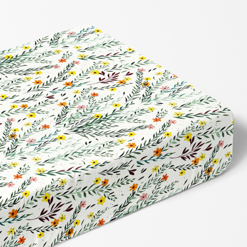 Cearceaf de pat bumbac 100% cu elastic - flori și frunze pictate