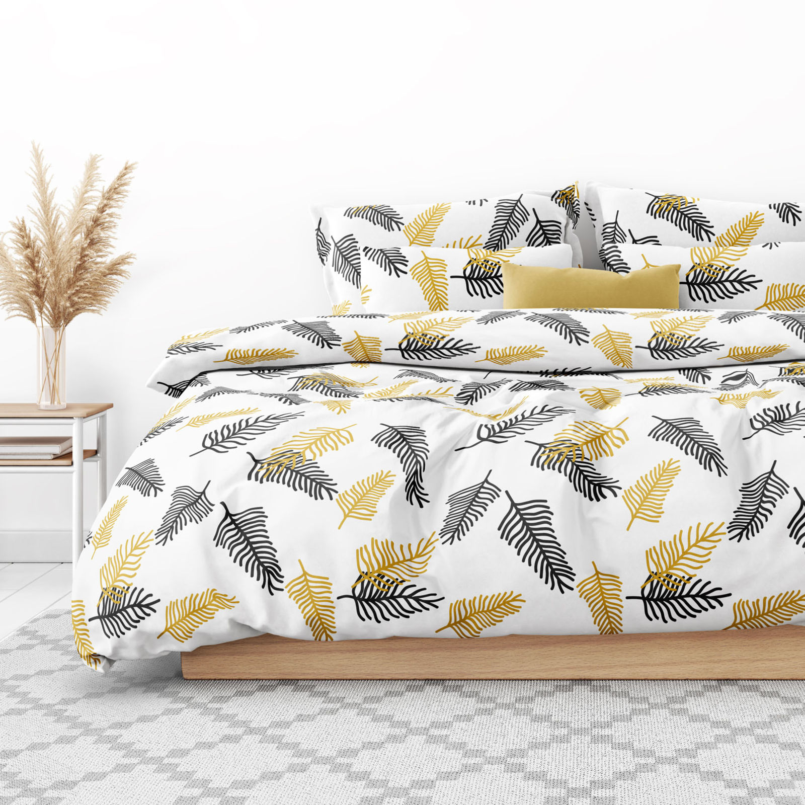 Lenjerie de pat de lux din bumbac satinat - frunze de palmier negre și aurii
