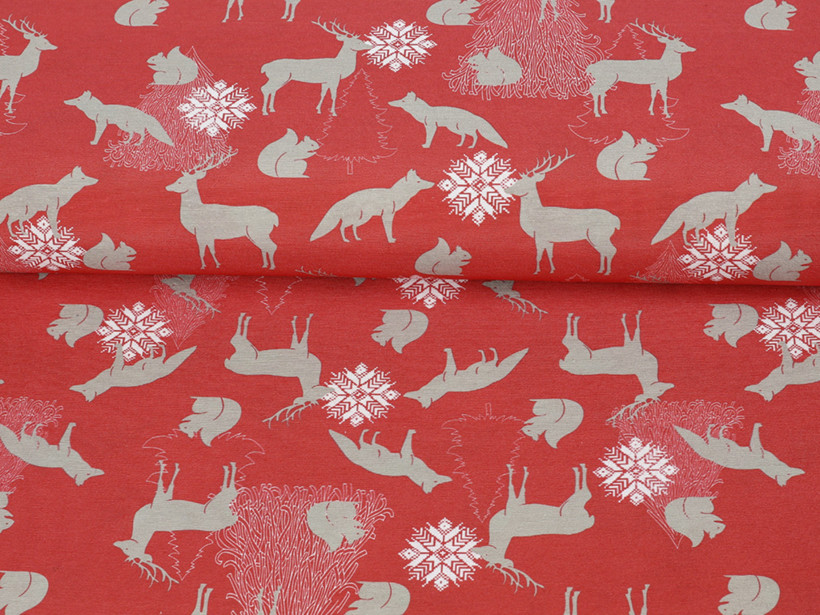 Țesătură decorativă LONETA - model de Crăciun - animale sălbatice pe roșu