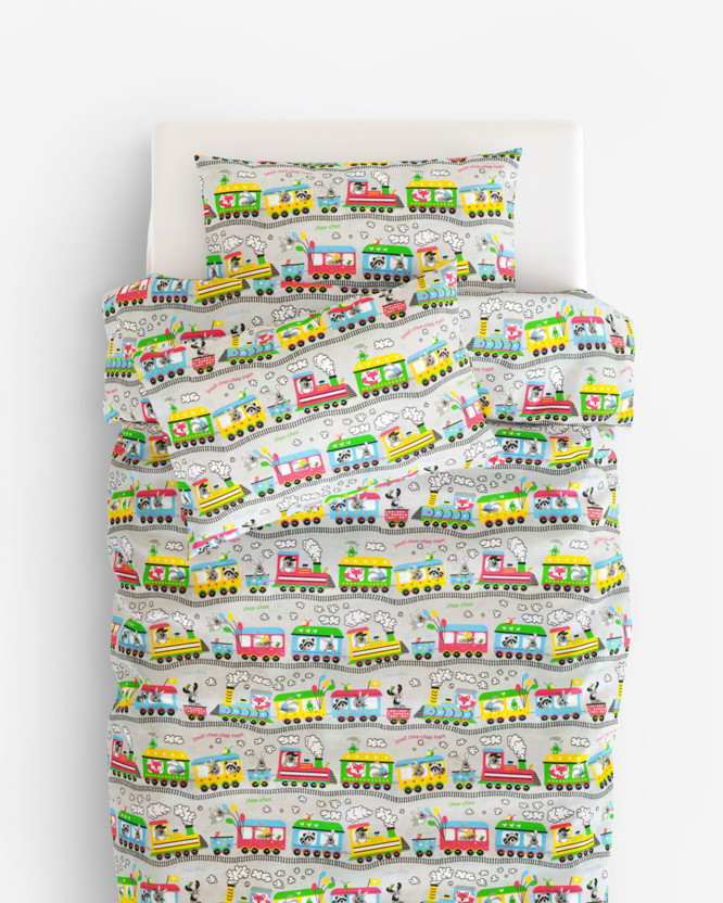 Lenjerie de pat pentru copii din 100% bumbac - trenulețe vesele
