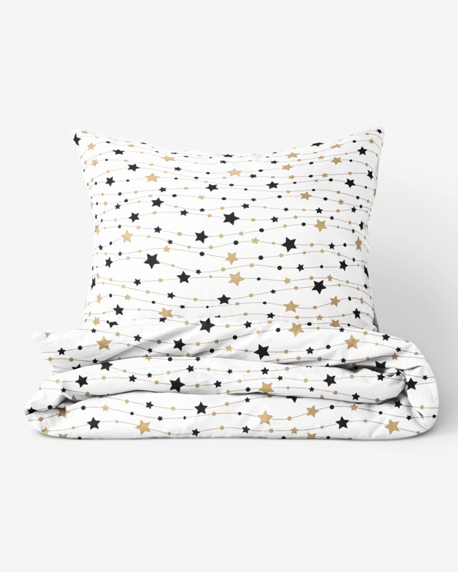 Lenjerie de pat 100% bumbac - model de Crăciun - steluțe aurii și negre pe alb