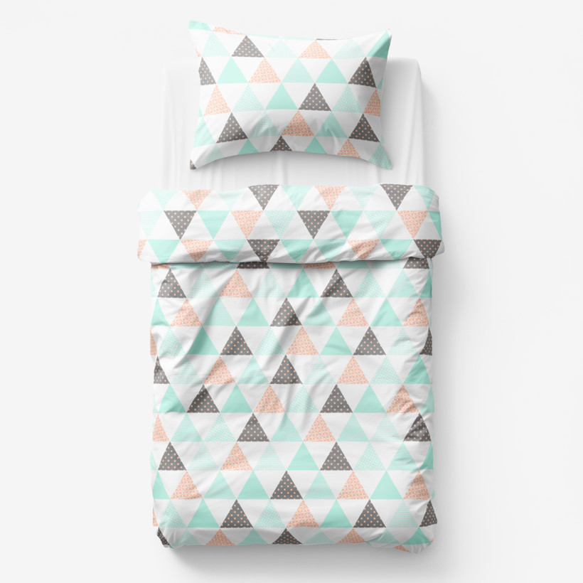 Lenjerie de pat pentru copii din 100% bumbac - triunghiuri turcoaz-somon