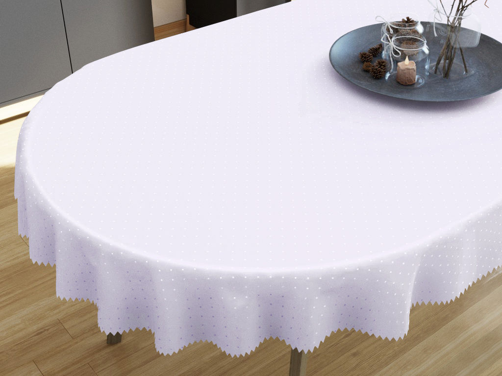 Față de masă teflonată exclusivă - model 092 - albă cu nuanță violet și pătrățele lucioase  - ovală