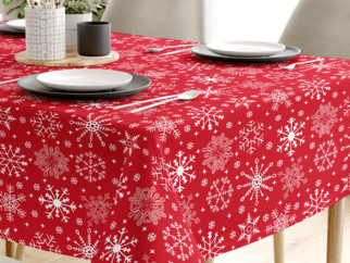 Față de masă din bumbac - model 090 de Crăciun - fulgi de zăpadă pe roșu