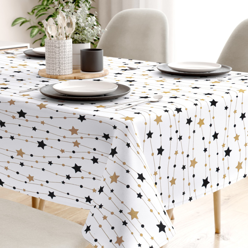 Față de masă 100% bumbac - steluțe aurii și negre pe alb