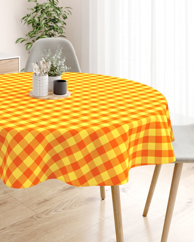 Față de masă din 100% bumbac KANAFAS - carouri mari galben-portocaliu - rotundă
