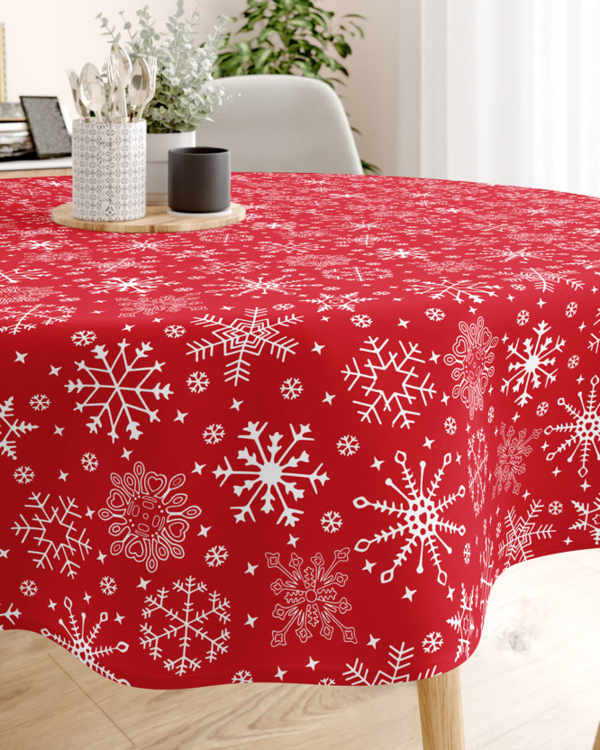 Față de masă 100% bumbac de Crăciun - fulgi de zăpadă pe roșu - rotundă