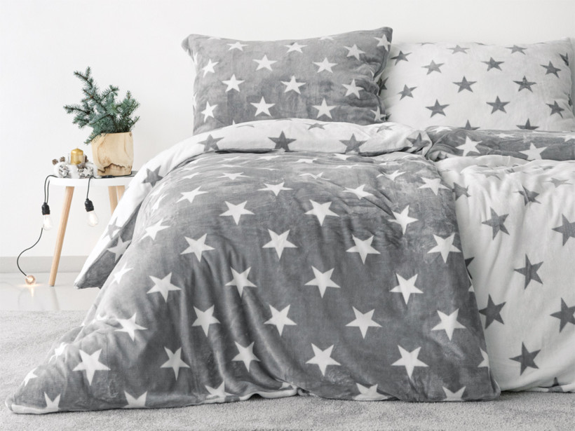Lenjerie de pat extra moale din micropluș - steluțe pe gri și alb
