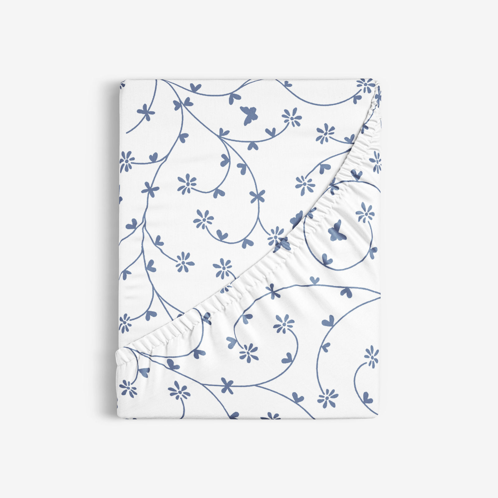 Cearceaf de pat bumbac 100% cu elastic - flori gri-albastre și fluturi pe alb