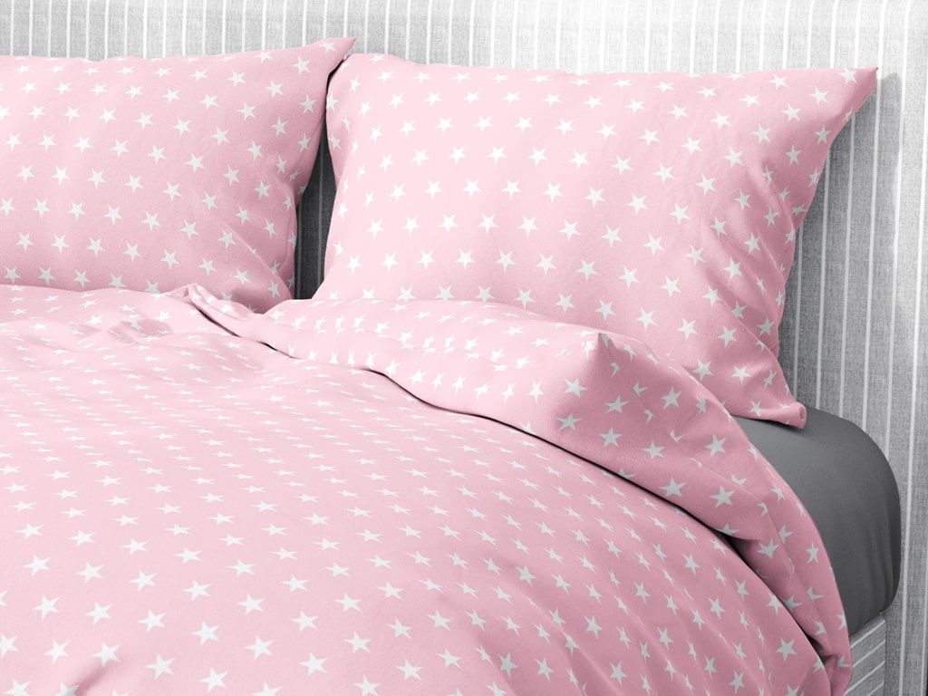Lenjerie de pat din 100% bumbac - steluțe albe pe roz deschis