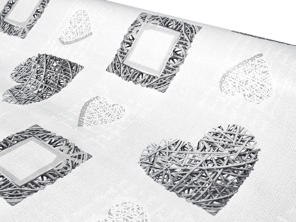 Față de masă din PVC cu textil - inimi de răchită gri