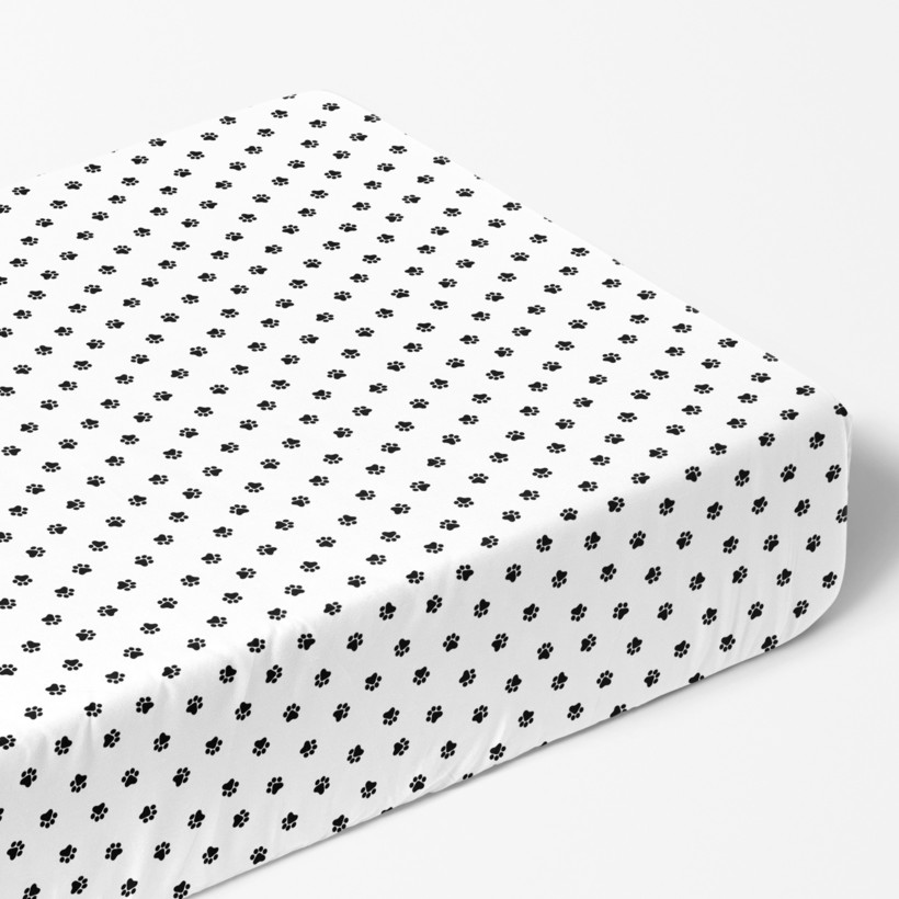 Cearceaf de pat 100% bumbac cu elastic - lăbuțe negre pe alb