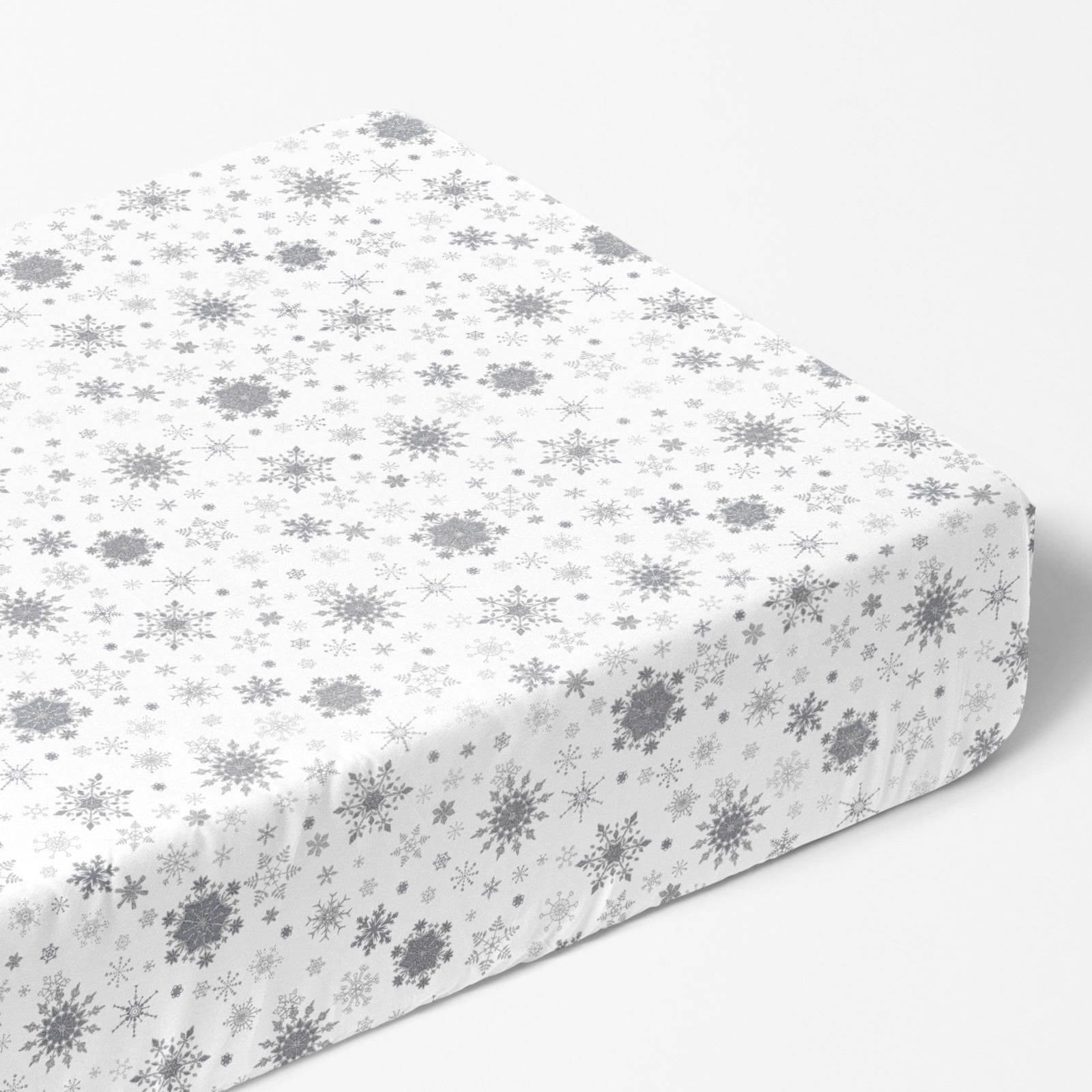 Cearceaf de pat bumbac 100% cu elastic - fulgi de zăpadă argintii pe alb