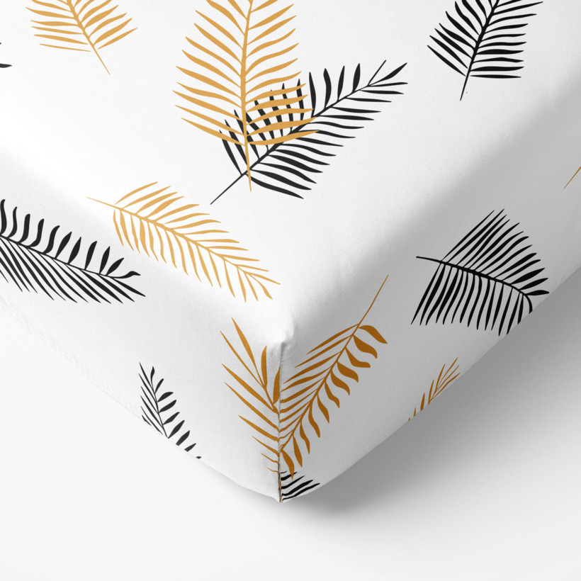 Cearceaf de pat bumbac 100% cu elastic - frunze de palmier negre și aurii