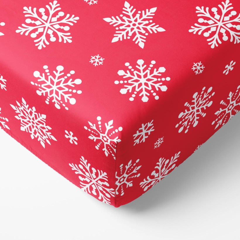 Cearceaf de pat bumbac 100% cu elastic - fulgi de zăpadă pe roșu