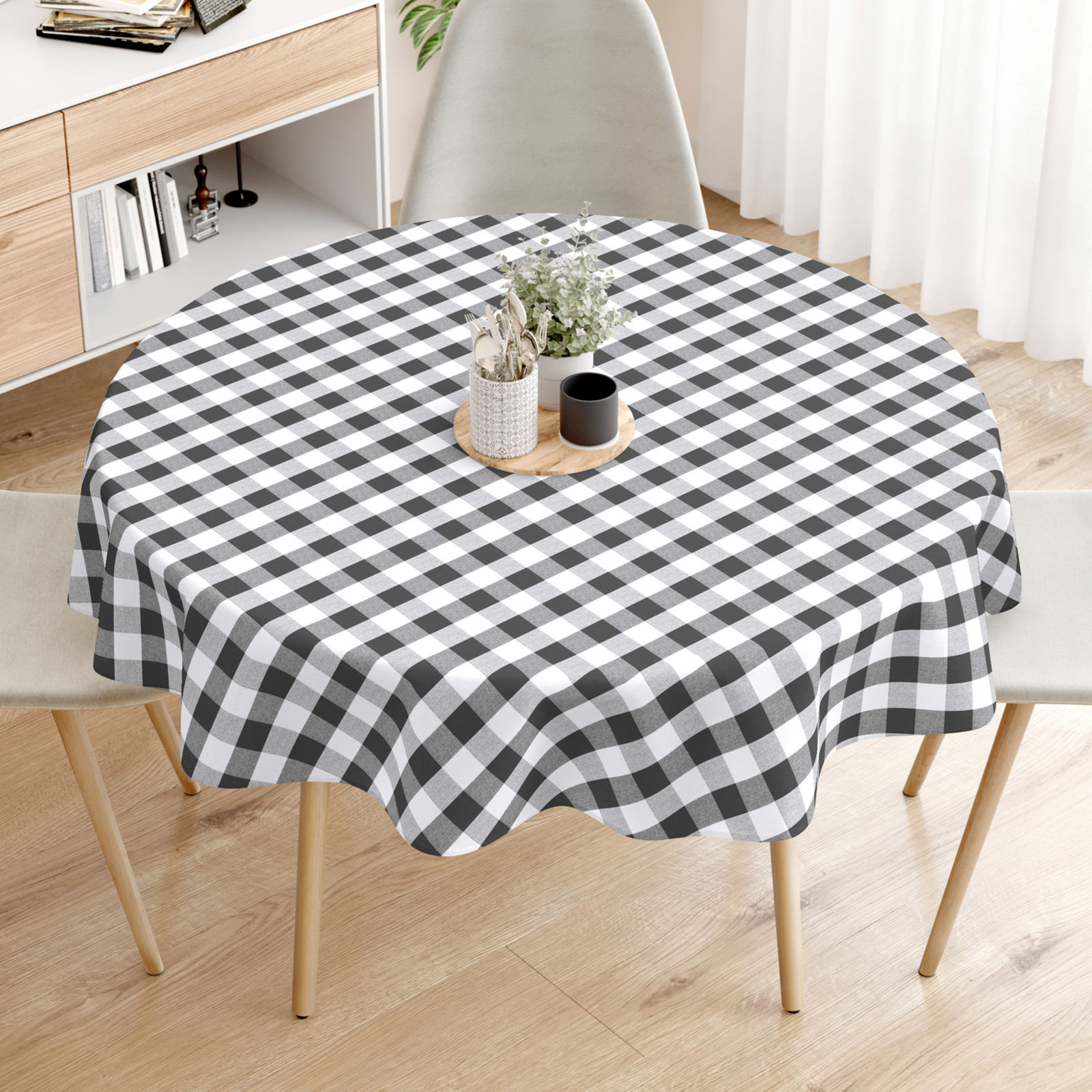 Față de masă decorativă MENORCA - carouri mari de culoare gri-închis și alb - rotundă