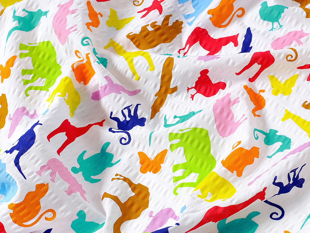 Țesătură creponată - animale colorate din zoo
