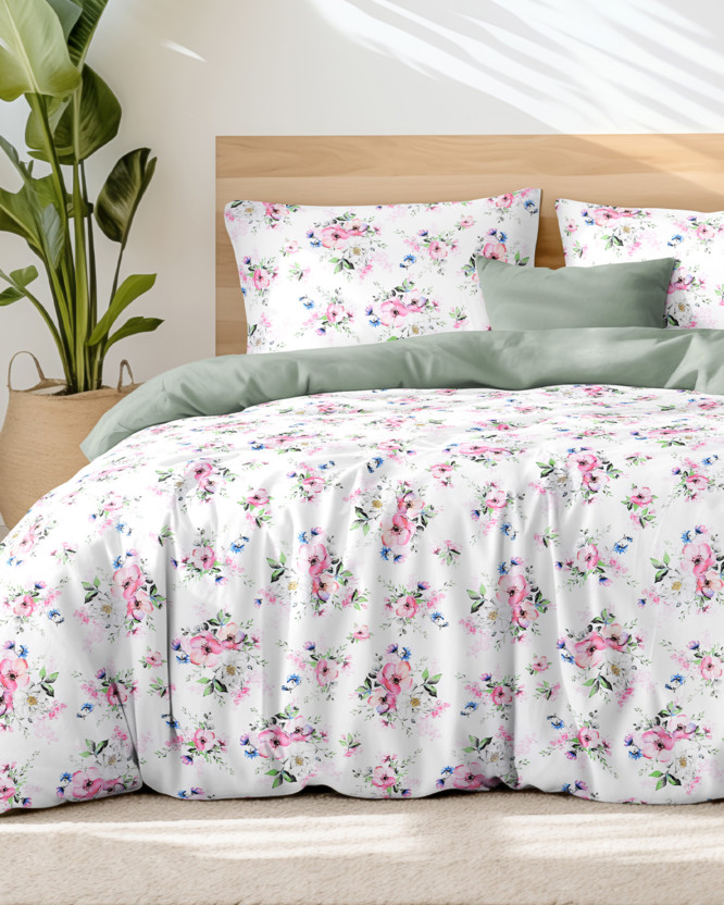 Lenjerie de pat din 100% bumbac Duo - sakura roz cu petale cu verde salvie
