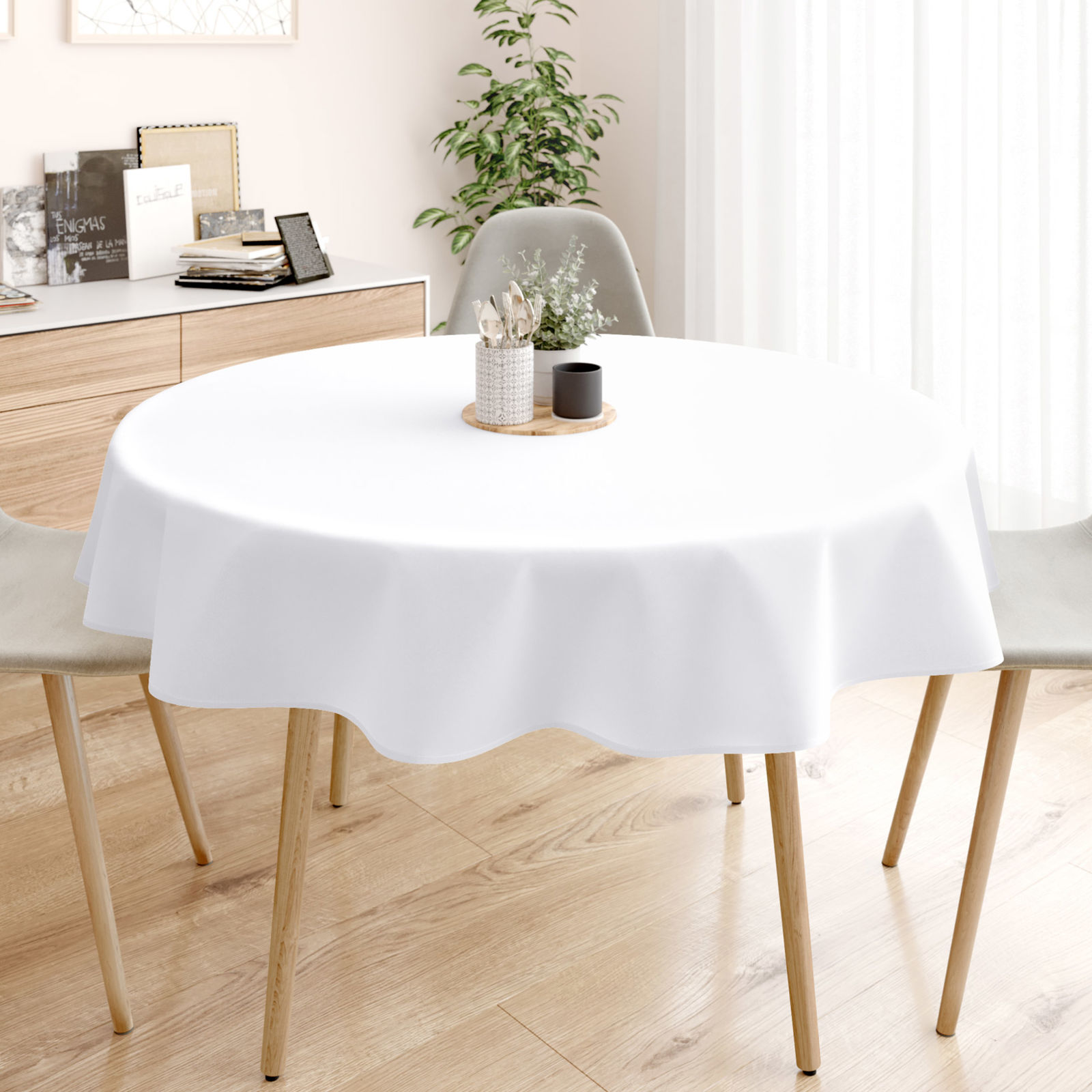 Față de masă decorativă Rongo Deluxe - alb cu luciu satinat - rotundă
