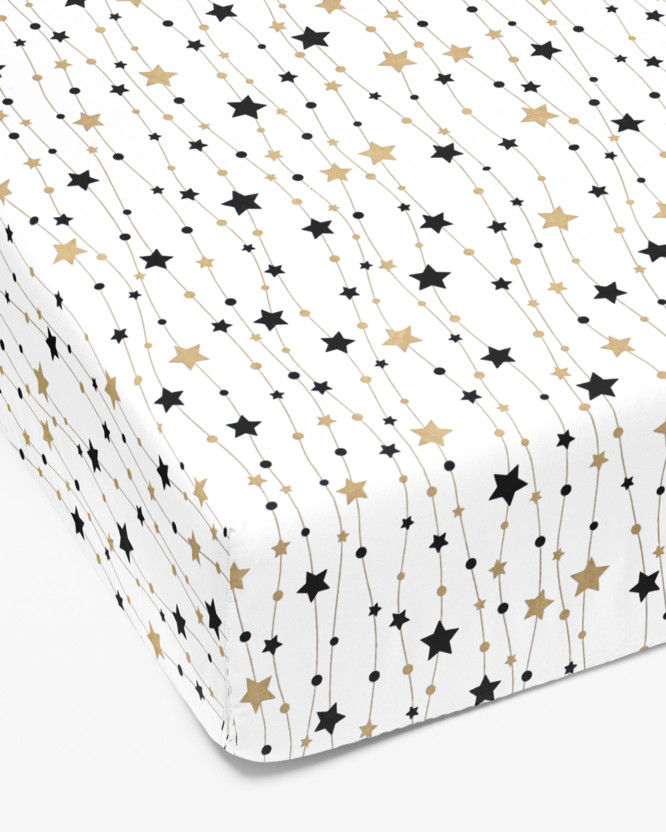 Cearceaf de pat bumbac 100% cu elastic - model de Crăciun - steluțe aurii și negre pe alb