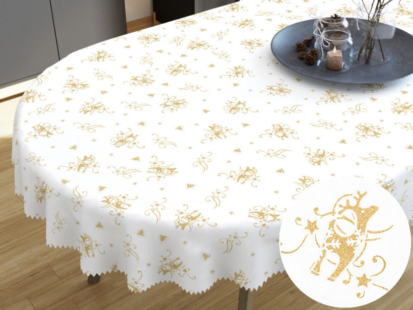 Față de masă din teflon - model 417 de Crăciun - reni aurii pe alb - ovală