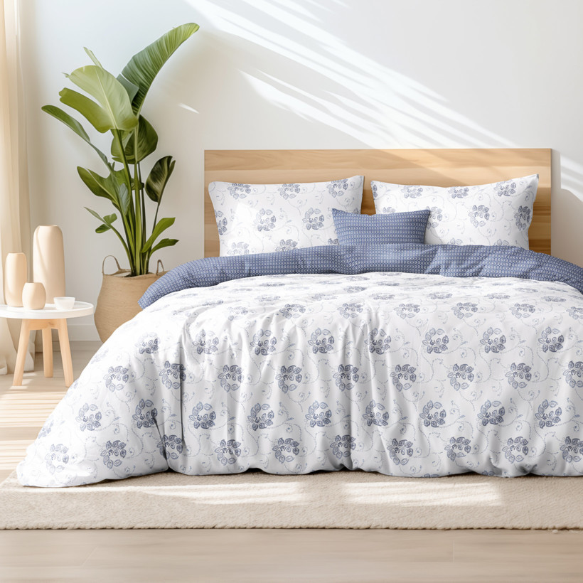 Lenjerie de pat din 100% bumbac - ornamente florale albastru închis cu forme geometrice