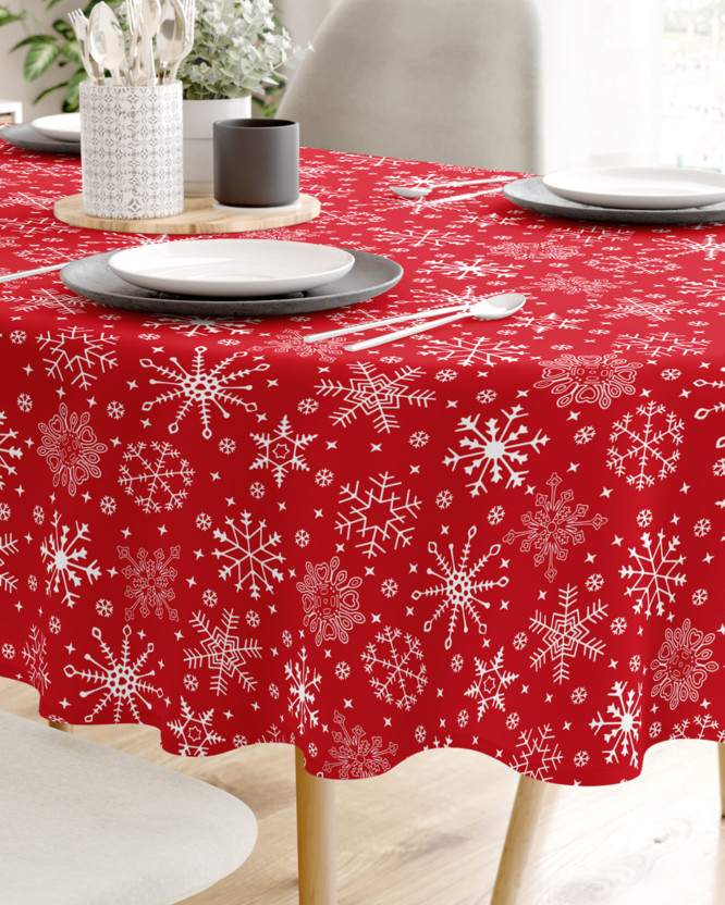 Față de masă 100% bumbac de Crăciun- fulgi de zăpadă pe roșu - ovală