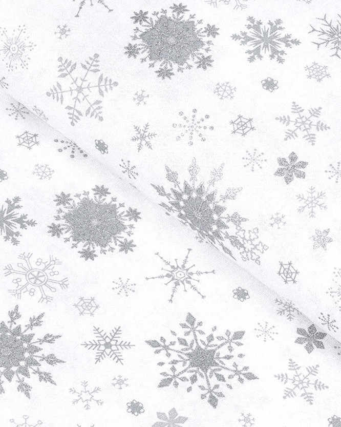 Țesătură SIMONA 100% bumbac - fulgi de zăpadă argintii pe alb