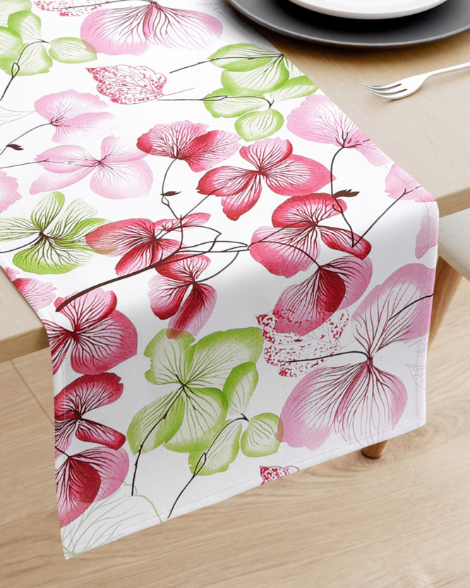 Napron de masă 100% bumbac - flori roz-verde cu frunze
