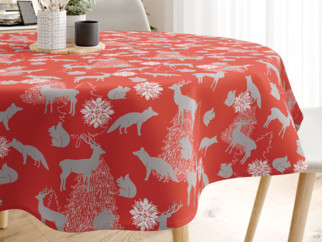 Față de masă decorativă LONETA - model 427 de Crăciun - animale sălbatice pe roșu - rotundă